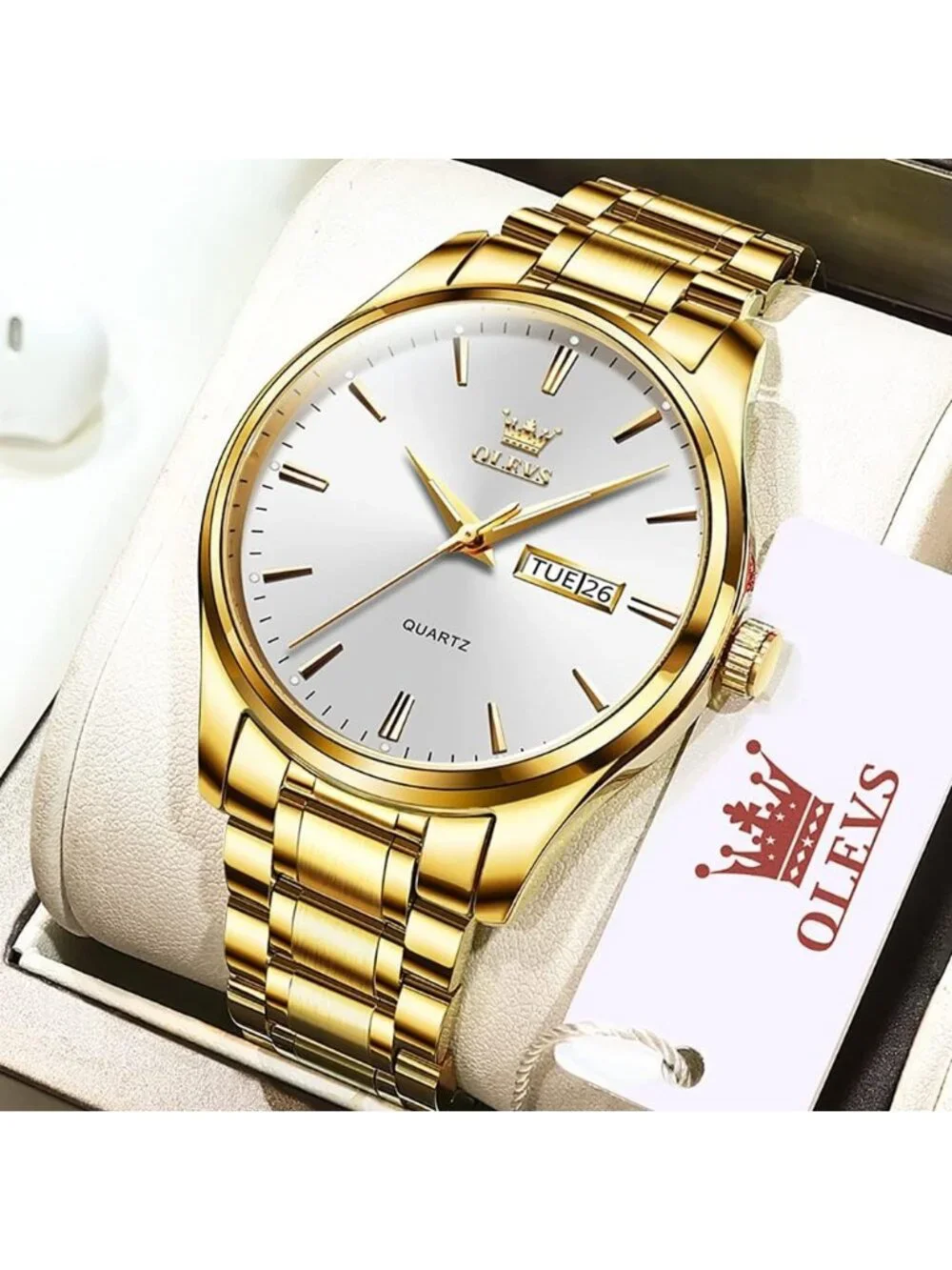 Men's Gold White Analog Quartz Stainless Steel Luxury Luminous Waterproof Watch